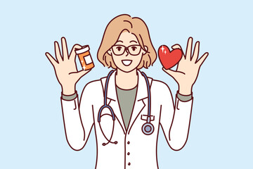 Woman doctor holds heart and medicine for treatment of cardio diseases and arrhythmia or tachycardia. Doctor recommends not to neglect cardiovascular ailments causing myocardial infarction - obrazy, fototapety, plakaty