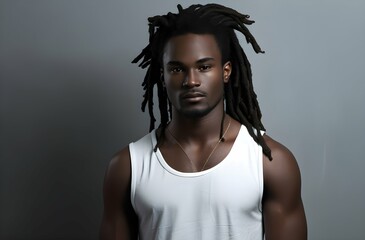 Young African American man with long dreadlocks wearing a white tank top. Generative AI.