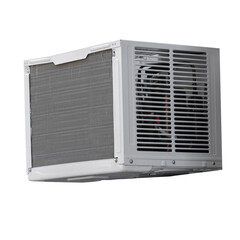 three quarters view of air conditioning window unit, white on a transparent background