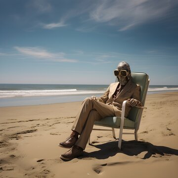 A skeleton  at the beach clothed  sitting on a chair. AI generated.