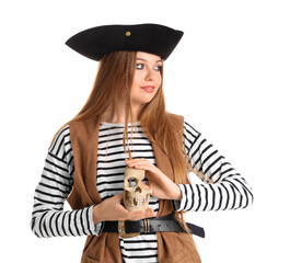 Beautiful female pirate with human skull on white background