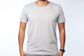 Young man in a grey T-shirt on white background, mock up Generative AI