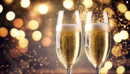 Two glasses of champagne with glitter lights bokeh background