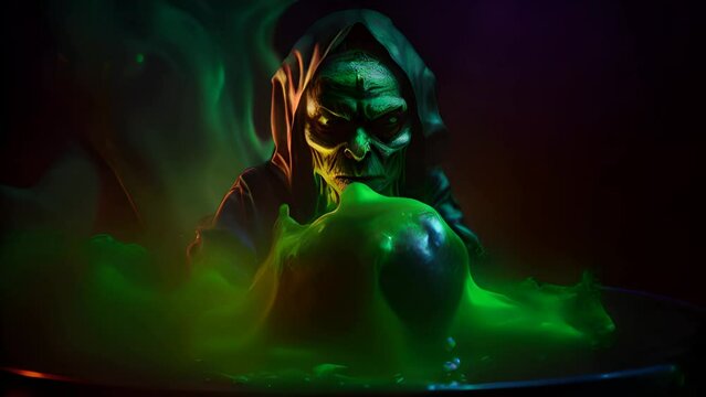 An ancient witch stirring a large cauldron of bubbling black liquid eyes glowing green in the darkness. Fantasy art. AI generation.