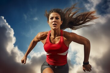 Fototapeta na wymiar Active female athlete running mid air in a vigorous trining session | Generative AI