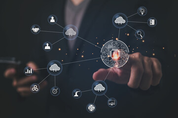 Hand pointing with virtual artificial intelligence with changing cloud computing technology. cloud technology storage The concept of networks and internet services.