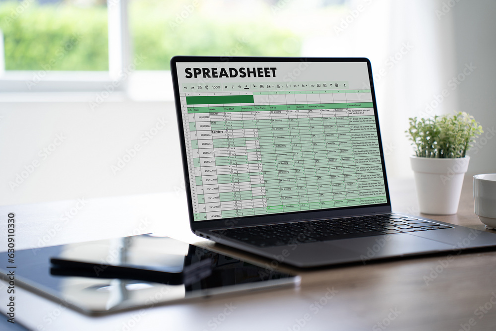 Poster businessman working with data and graphs in spreadsheet documents for online analysis microsoft exce