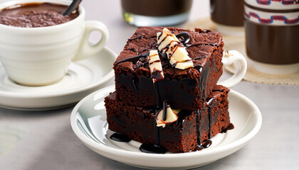 Brownies in stacked coffee cups with hot fudge chocolate sauce