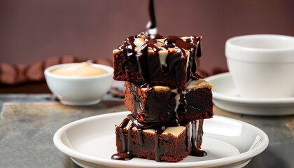 Brownies in stacked coffee cups with hot fudge chocolate sauce