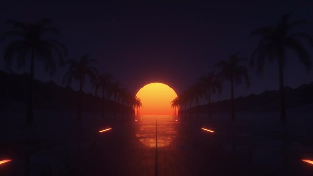 Synthwave Road and Palms at Sunset Loop