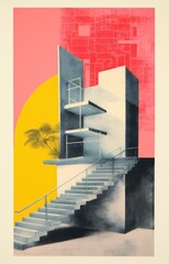 Graphic design poster in vintage risograph screen print style, featuring trendy architecture and bold tropical pastel colours