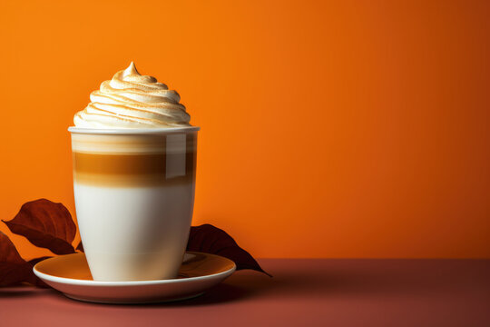 Pumpkin latte in paper cup on orange background Generative AI