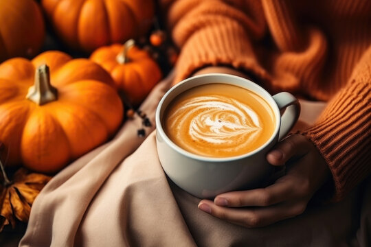 Female hands holding a cup of pumpkin latte Generative AI