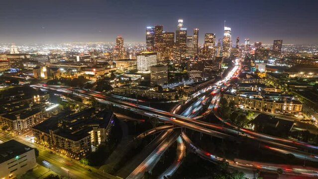 Aerials of Los Angeles Skyline at night