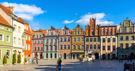 Colorful Renaissance architecture of Market Square in Poznan Old Town in sunny spring day, Poland