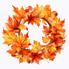 Wicker wreath decorated with autumn leaves and autumn berries .drawing on white background. copy space