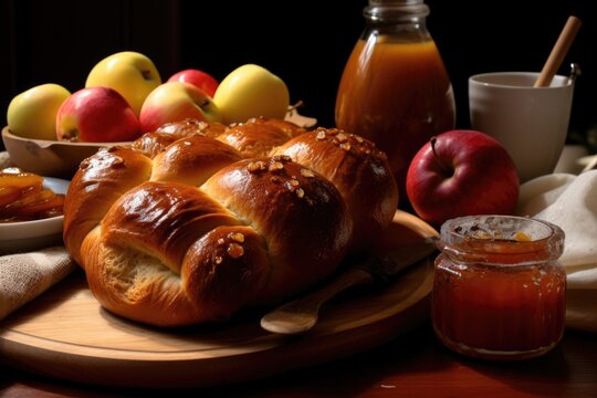 round challah bread, apples and honey on a wooden table at the farm.rustic style. sweet year wishes. Jewish New Year - Rosh Hashanah