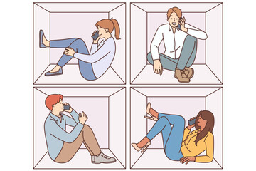 People make phone calls sitting in cramped cubes and chatting for concept of close quarters 