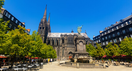 Clermont-Ferrand Cathedral (French: Cathedrale Notre-Dame-de-l'Assomption de Clermont-Ferrand), is a Gothic cathedral and French national monument located in France - obrazy, fototapety, plakaty