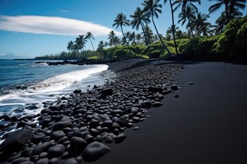 black sand and stones on the beach with palm trees