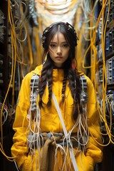 Fototapeta na wymiar a woman in a yellow jacket with wires around her head. Generative AI Art.