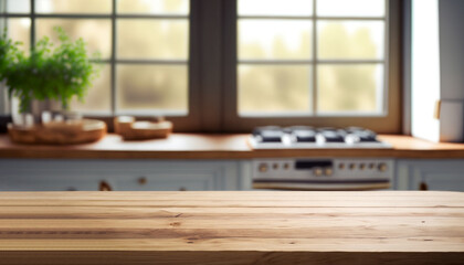 Kitchen wooden table on blur window background