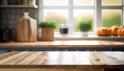 Fototapeta na wymiar Kitchen wooden table on blur window background