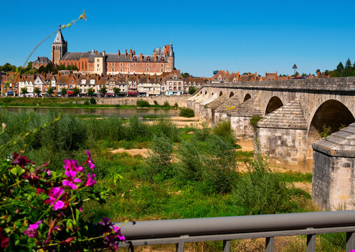 Picturesque view of ancient historic manor of Chateau de Gien rising above row of townhouses on bank of Loire river on sunny summer day