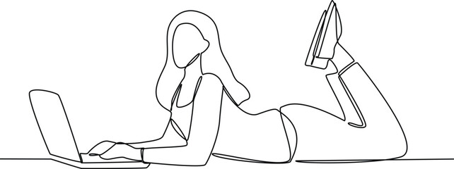 Continuous one line drawing of Freelancer working from home or beach at relaxed pace, convenient workplace concept. Doodle vector illustration.