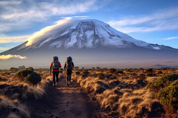 Man hiker with backpack on top of the mount Kilimanjaro,  looking at the snow slope. Concept motivation and goal achievement - obrazy, fototapety, plakaty