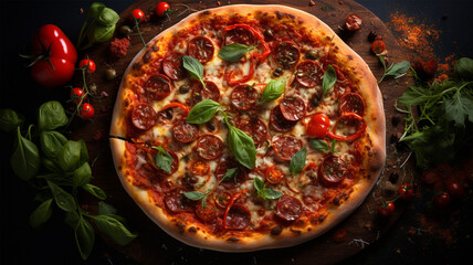 Delicious pepperoni pizza with mushrooms and olives.