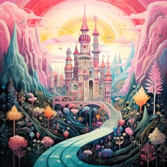 Pink Castle Children's Illustration Folk Art Psychedelic Mood