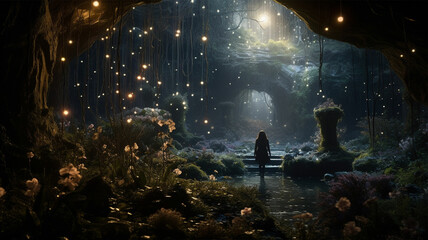 a woman standing in a cave with fireflies