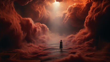 The view of a lonely girl standing in the middle of a red cave and big red rocks - Powered by Adobe