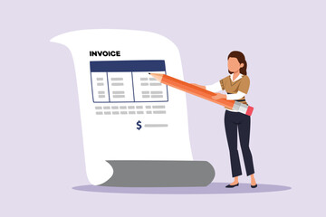 Freelancer filling invoice, distance job payroll, money transfer online, remote work payment, get salary on bank account concept. Colored flat vector illustration isolated. 