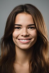 Naklejka premium headshot of a happy young woman looking at the camera on gray background