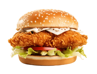 Fried chicken burger isolated on transparent background. PNG file, cut out