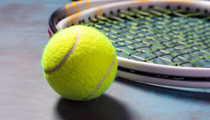 Sport and healthy lifestyle. Tennis. Yellow ball for tennis and a racket on table. Sports background with tennis concept.