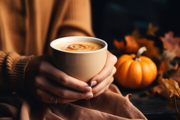 Female hands holding a cup of pumpkin latte Generative AI
