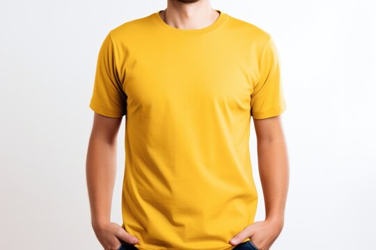 Young man in a yellow T-shirt on white background, mock up Generative AI