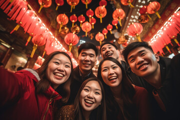 Vibrant Chinese New Year Festivities Shared by Energetic and Happy Friends. China Festive Celebration - obrazy, fototapety, plakaty