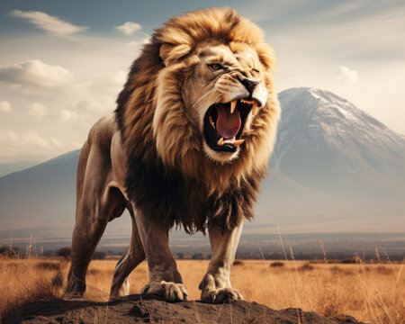Lion standing on savannah background scene of Mount Kilimanjaro 
