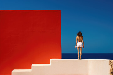 Mediterranean Sea Ambiance. Red-Dress Woman Strolling on Stone Steps Amid Greek Coastal Charm. AI Generative
