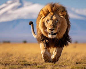 Lion standing on savannah background scene of Mount Kilimanjaro  - obrazy, fototapety, plakaty