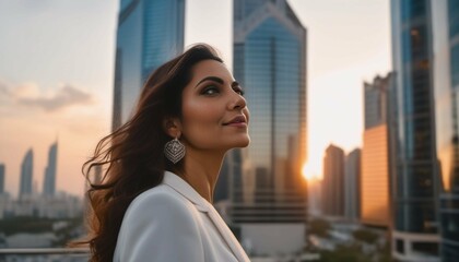 Middle eastern businesswoman in city at sunset - obrazy, fototapety, plakaty