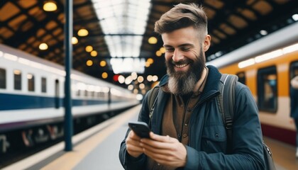 Bearded man hipster on phone at train station