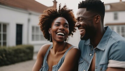Black couple laughing and talking outdoors - happy relationship concept