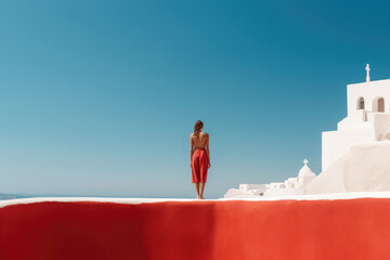 Mediterranean Sea Ambiance. Red-Dress Woman Strolling on Stone Steps Amid Greek Coastal Charm. AI Generative