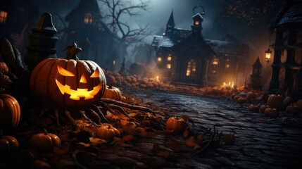 Halloween decoration background with light, pumpkin and cemetery.