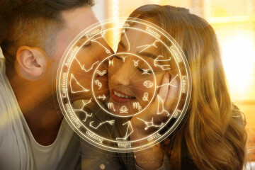 Horoscope compatibility. Loving couple and zodiac wheel
